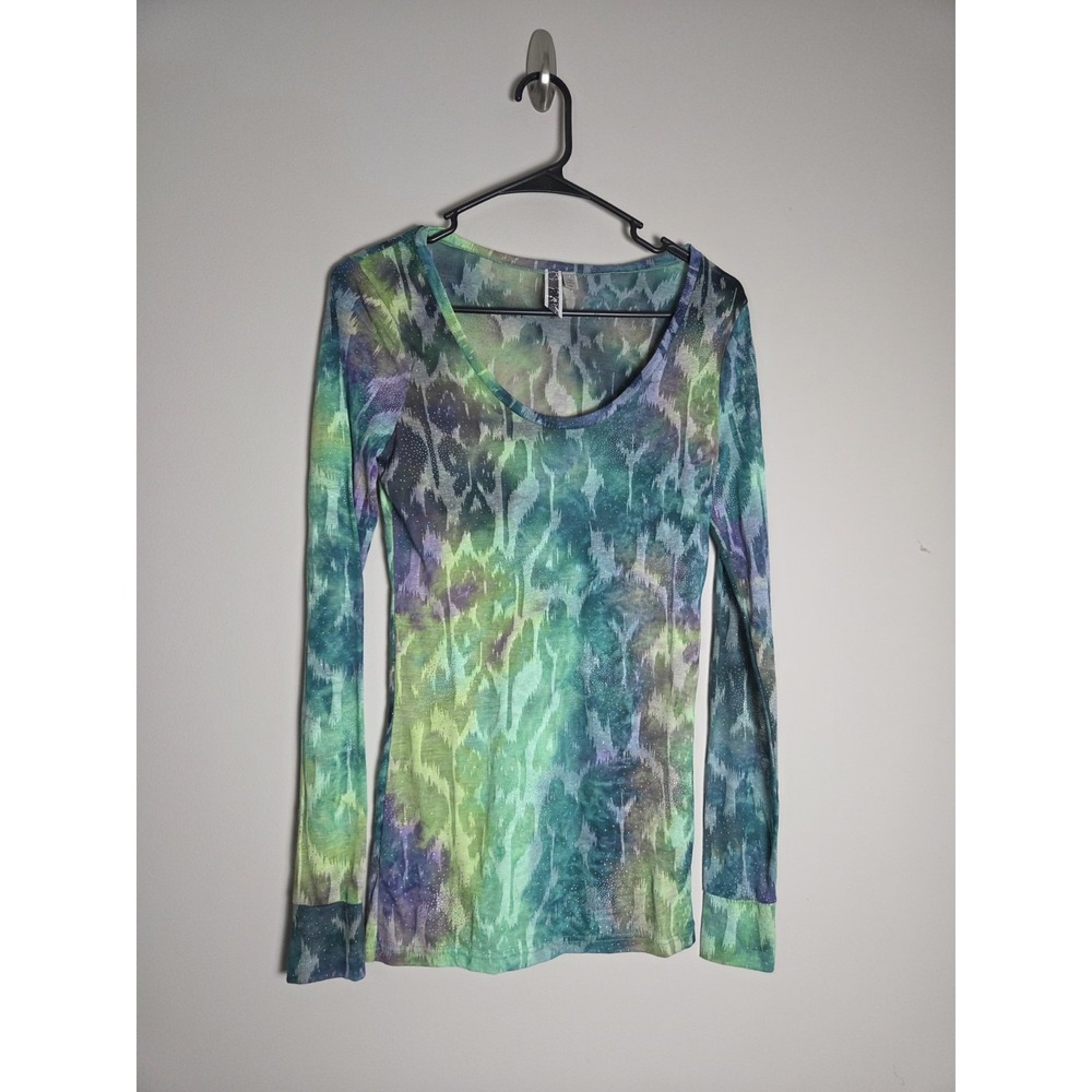 BKE Buckle Teal Green Ikat Burnout Glitter Sparkle Scoop Long Sleeve Top Medium